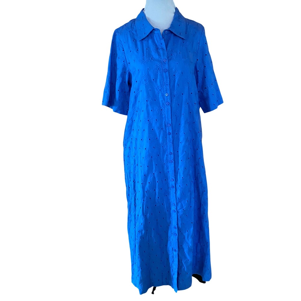 Petal + Pup Blue Eyelet Maxi Shirt Dress Short Sleeve Cotton Floral Size S NWT